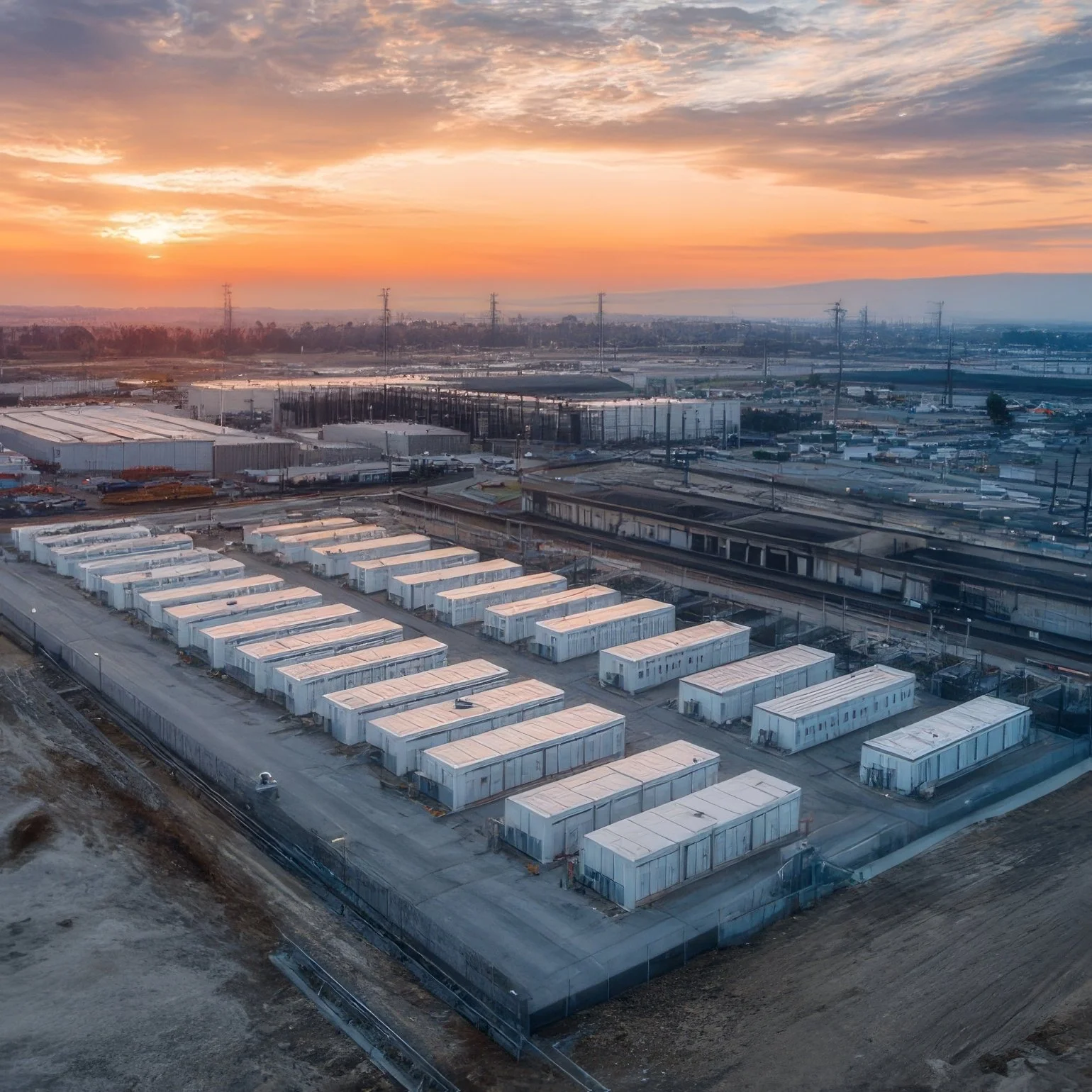 Sunset over an industrial area with numerous white storage units, warehouses, and power lines in the background.