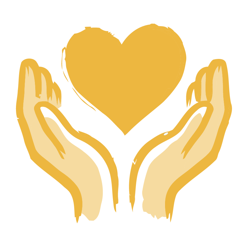 Outline drawing of two hands gently holding a golden heart.