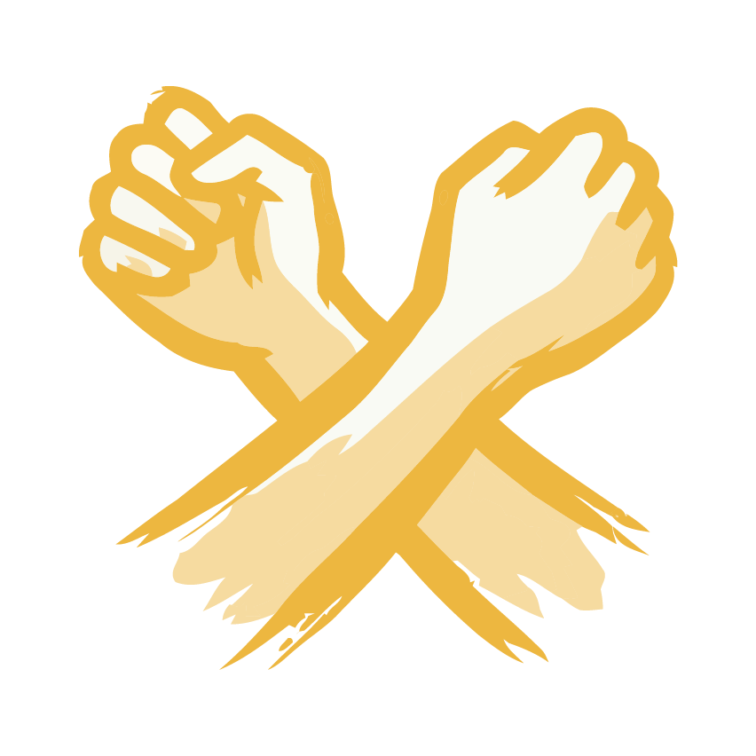Illustration of two crossed clenched fists with a gold outline.