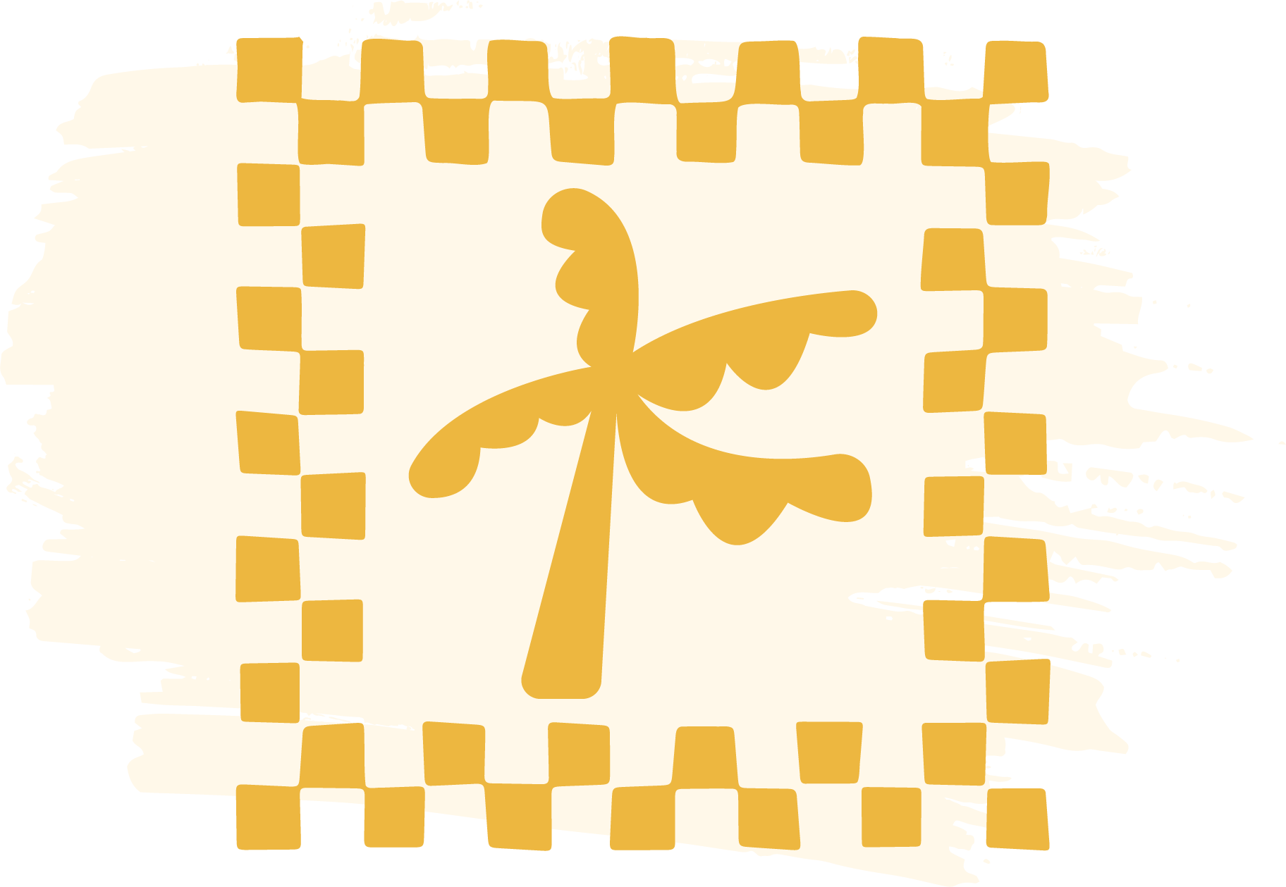 A stylized, abstract illustration of a butterfly in yellow, set against a textured cream background with a black brushstroke border, surrounded by a yellow checkered border and black accents.