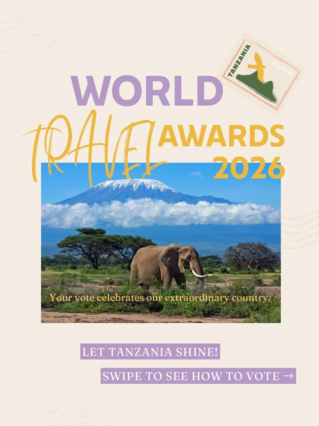 🗳️ VOTE NOW: https://www.worldtravelawards.com/register

Let&rsquo;s put Tanzania on the world map! 🇹🇿

Vote for Tanzania and help us celebrate its breathtaking destinations, wildlife, local communities and conservation efforts.

Every vote counts