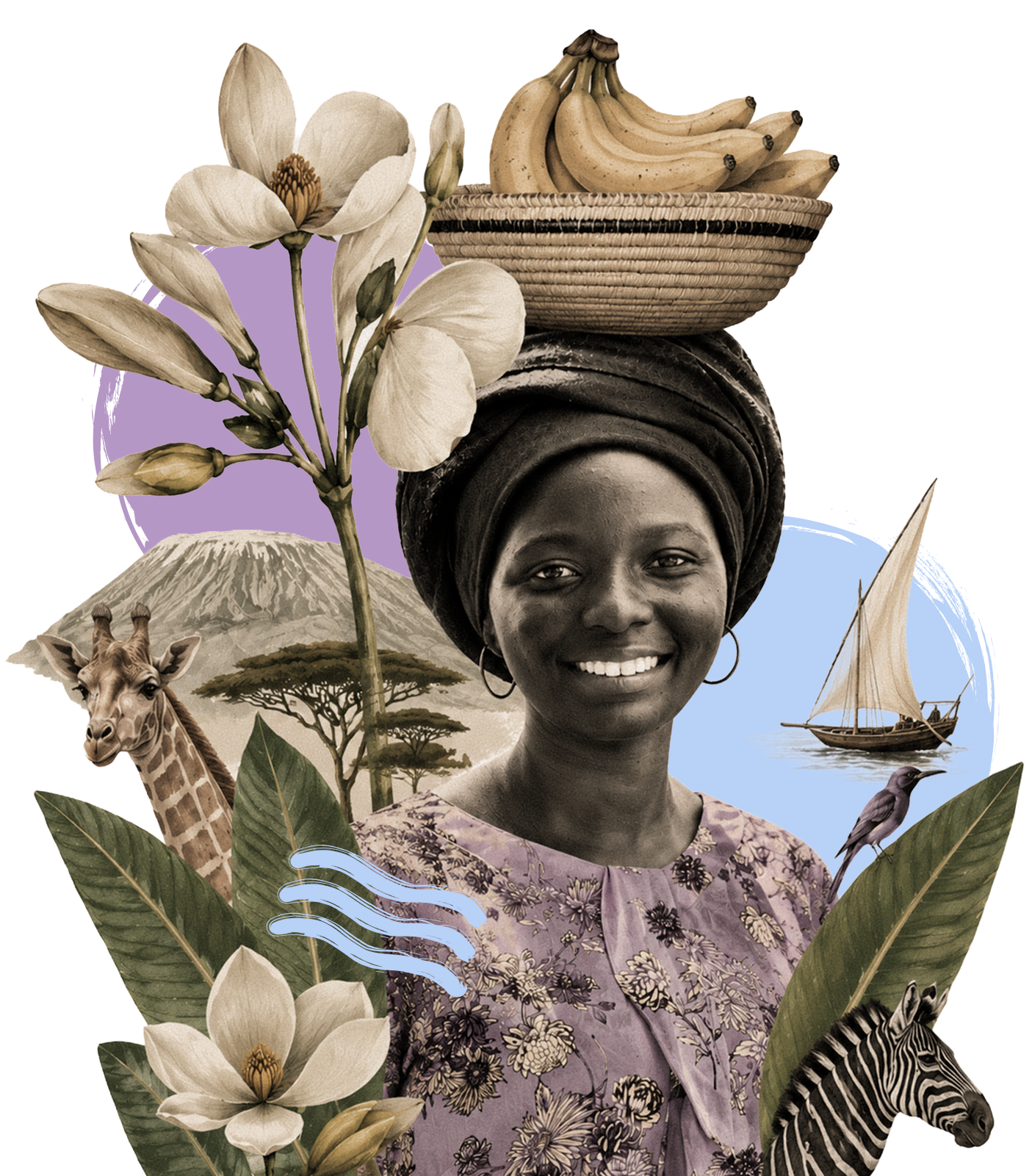 A collage featuring a smiling woman with a headwrap, surrounded by African wildlife and landscapes, including a giraffe, zebra, mountain, tree, boat, and African flora.