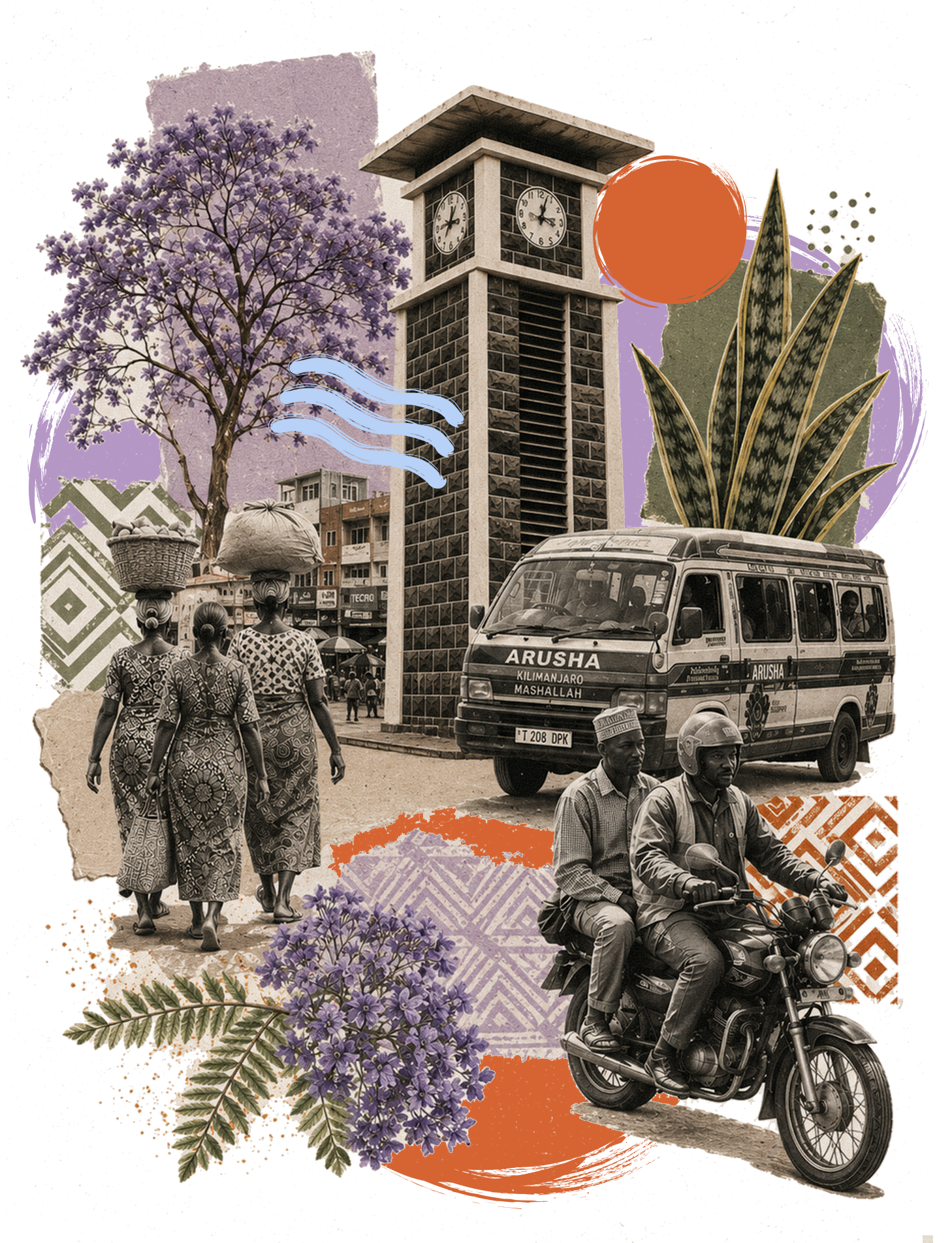 A collage of urban and rural scenes featuring a clock tower, a group of people walking, two men riding a motorcycle, vibrant decorative elements, large purple flowering trees, and various abstract shapes and patterns.