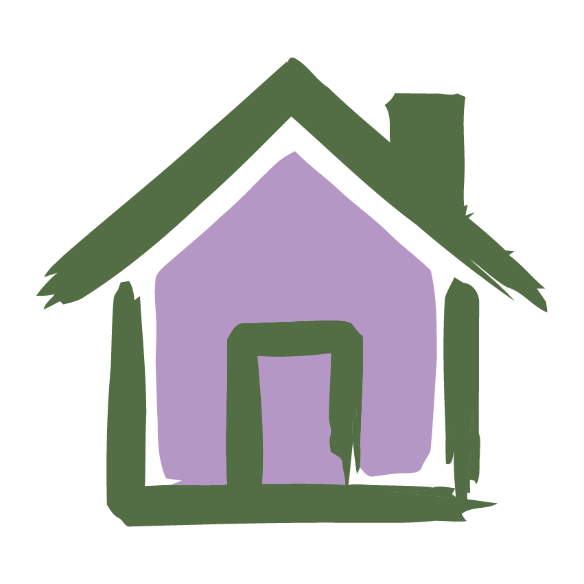 A simple, stylized drawing of a house with a green roof, purple walls, and a chimney on the right side.