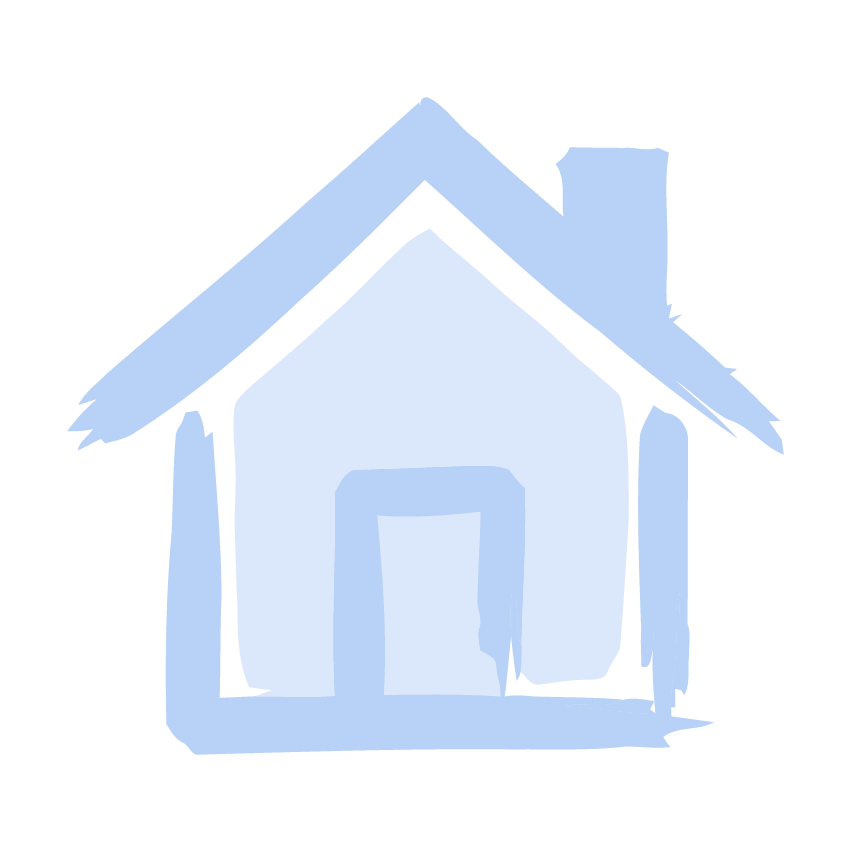 A simple sketch of a house with a sloped roof, chimney, and front door, drawn in light blue and black lines.