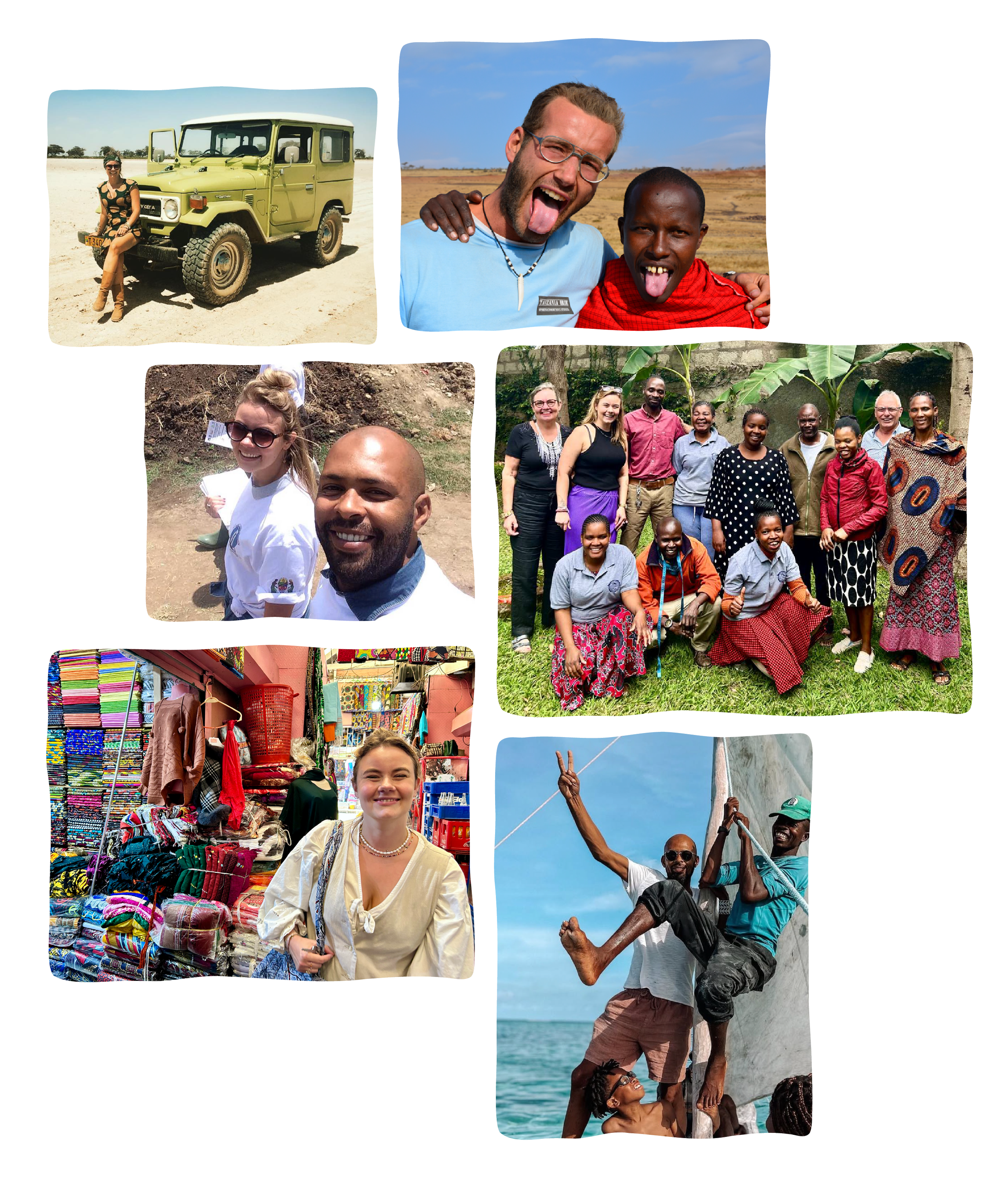 A collage of diverse groups of people enjoying travels and vibrant markets, including tourists at a desert, a waterfront, and a bustling marketplace full of colorful textiles and goods.