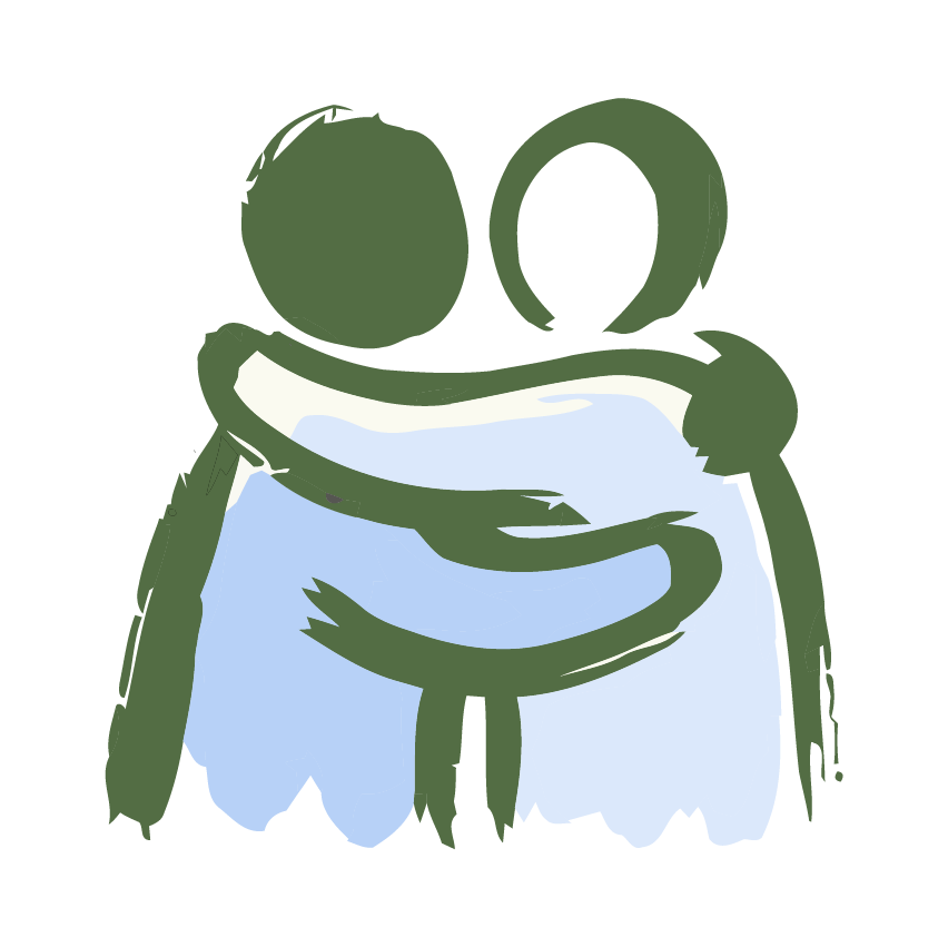 A line drawing of two people hugging, one wearing a light blue top and the other a darker green top.
