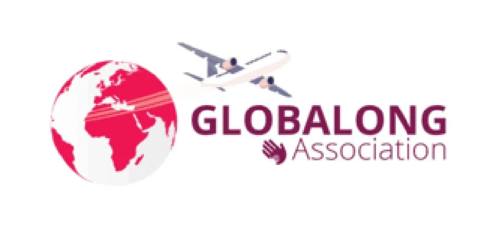 Logo of Globalong Association featuring a red globe with Africa and Europe, an airplane flying above, and text in purple.