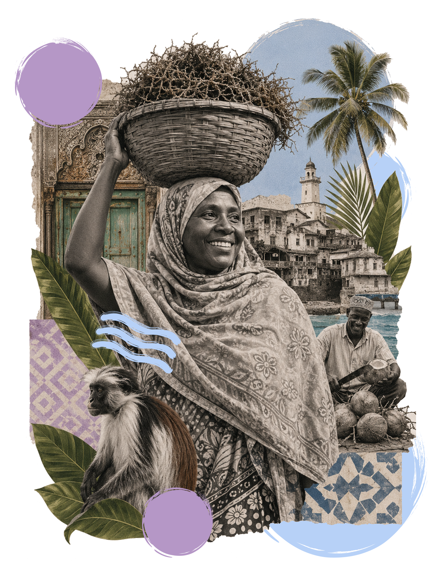 A collage combining a smiling woman with a basket on her head, a monkey, a man playing a drum, tropical plants, a historic building, a lighthouse, and a coastal village with boats.