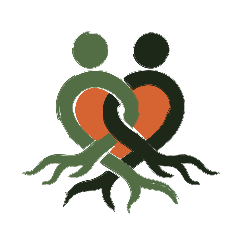 Two stylized human figures with tree roots entwined, forming a heart shape between them, symbolizing love, growth, and connection.