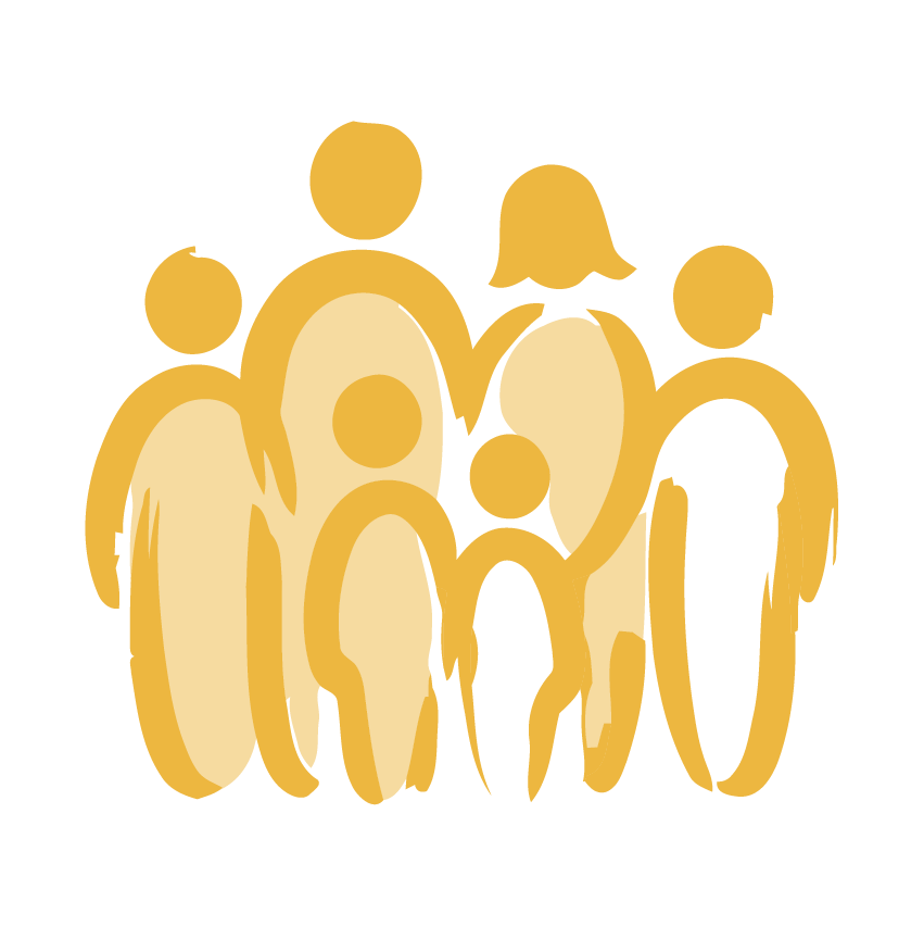 A stylized gold-colored abstract illustration of a family group, including two adults, two children, and a baby, with a flower above the central figure.