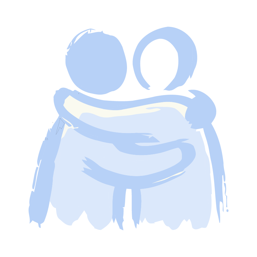 A hand-drawn illustration of a person wrapping their arms around another person in an embrace, both figures shown in shades of blue and white.
