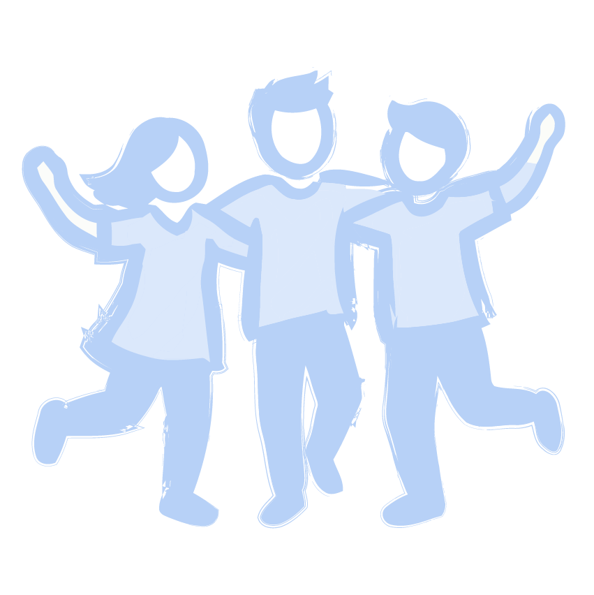 Line drawing of three children with arms around each other, smiling and jumping in celebration.