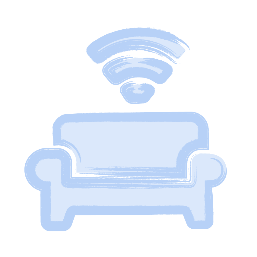 Blue sofa with Wi-Fi signal icon above it, representing wireless internet or Wi-Fi connectivity.