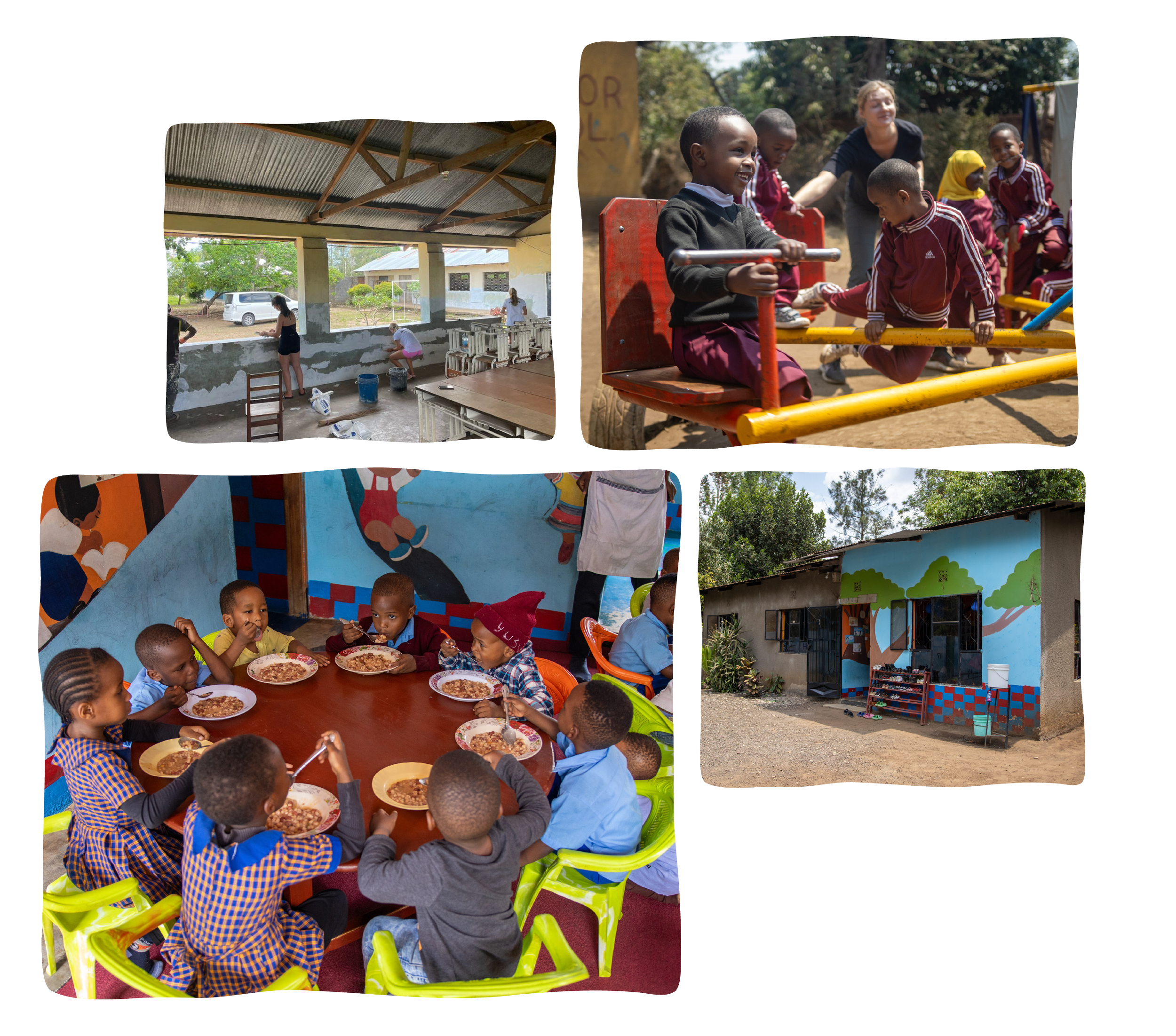 Children sitting at a table and eating pizza in a classroom with colorful walls, and children playing outside with a woman supervising.