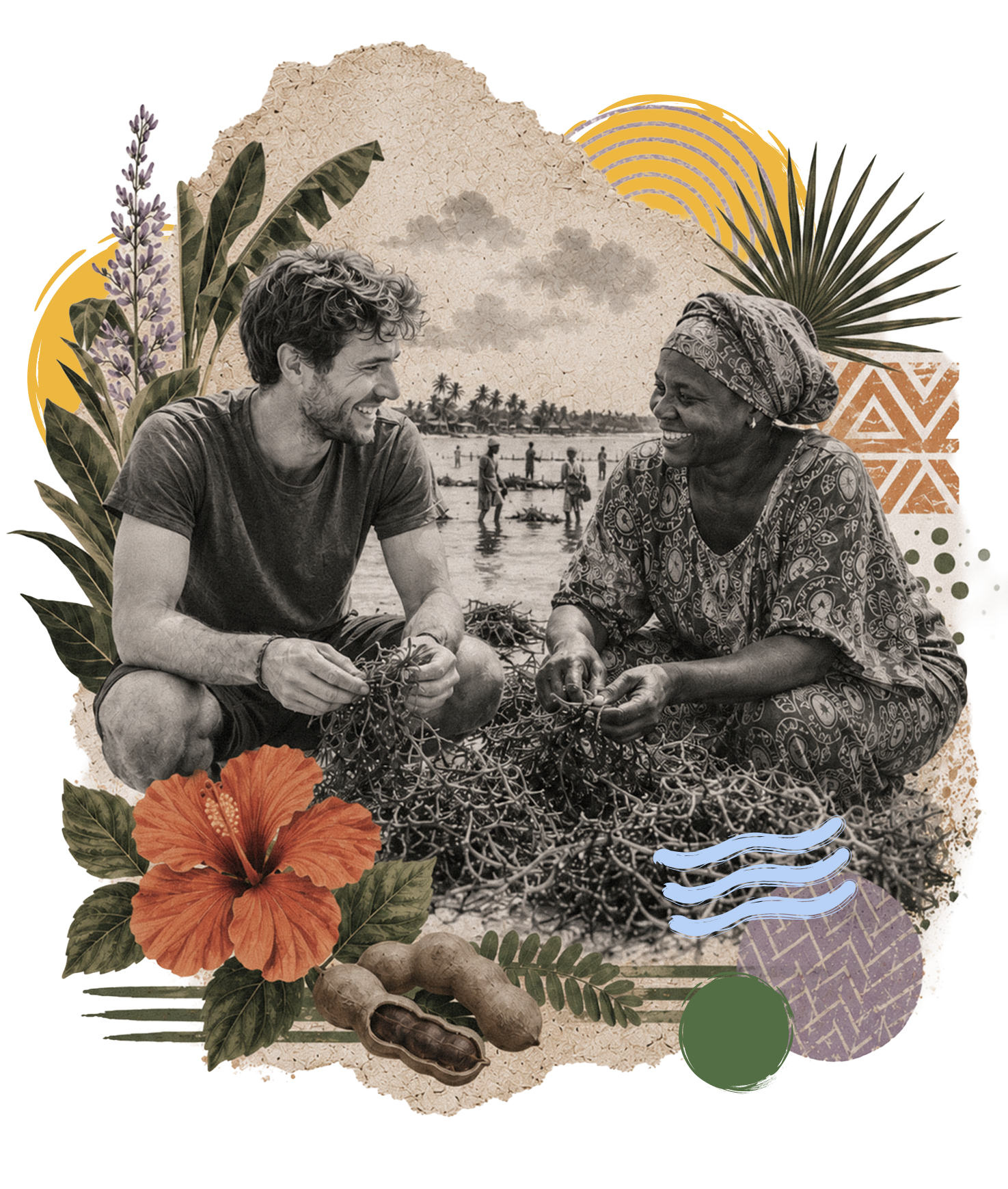 Two people, a man and a woman, sitting on the beach and smiling at each other. The scene is in black and white, surrounded by colorful tropical leaves, hibiscus flower, sea shells, and abstract patterns.