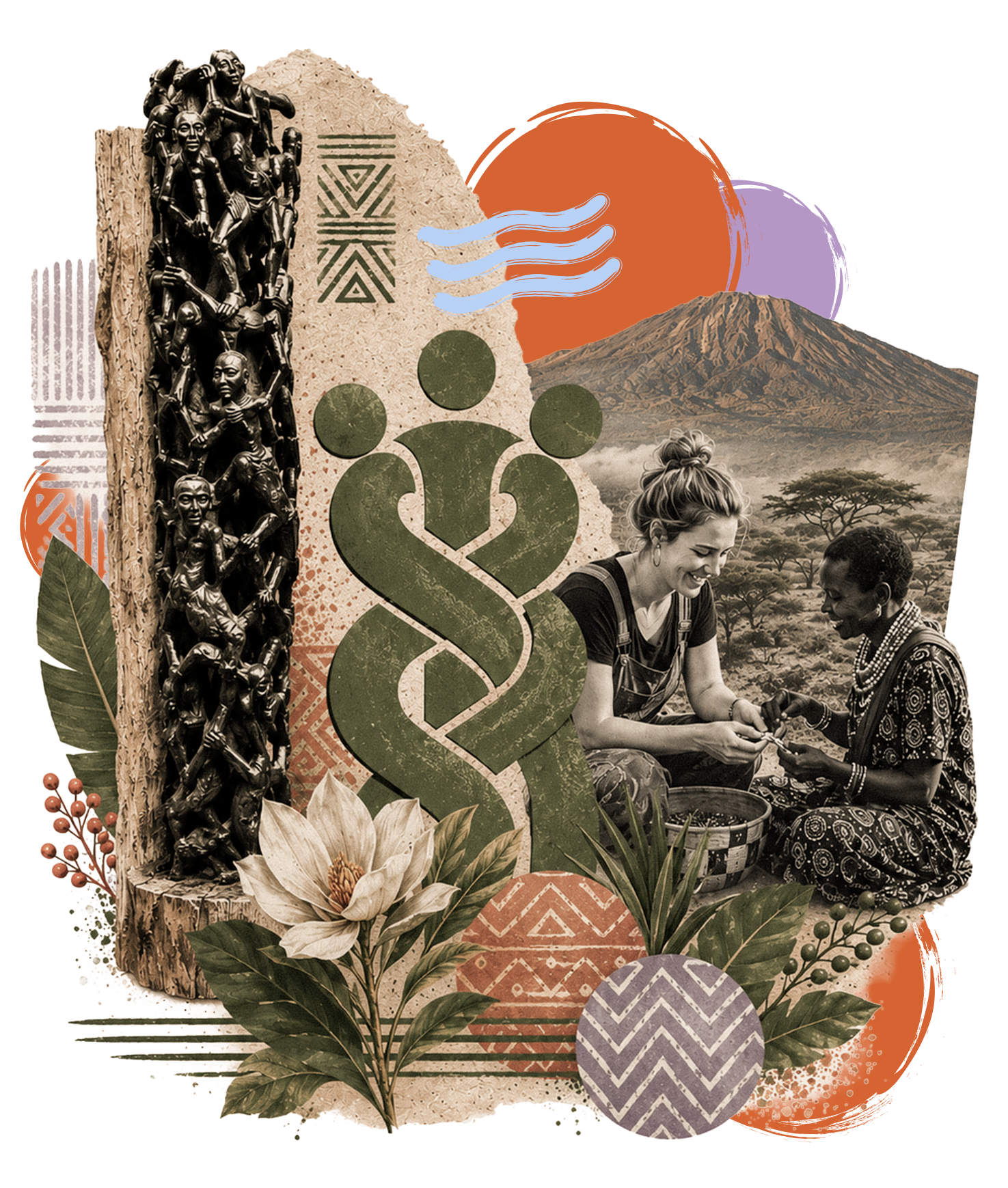 Collage of African and indigenous motifs, including sculpture, natural landscape, and traditional women exchanging crafts.