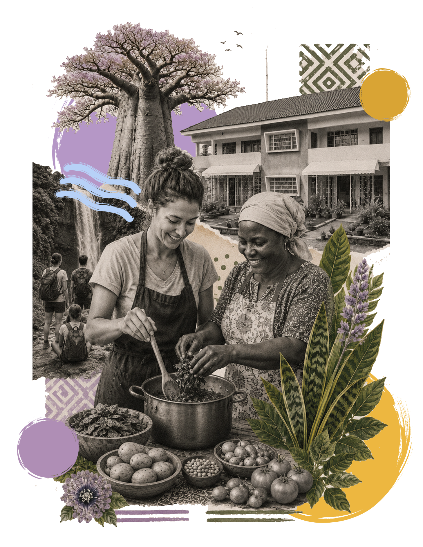 A blended collage featuring a black and white photograph of two women cooking with various vegetables, including potatoes, tomatoes, and herbs, in front of a house with a garden. Additional elements include a large tree with pink blossoms, a waterfall, and people with backpacks walking outdoors. The collage is decorated with colorful shapes, patterns, and leaves.