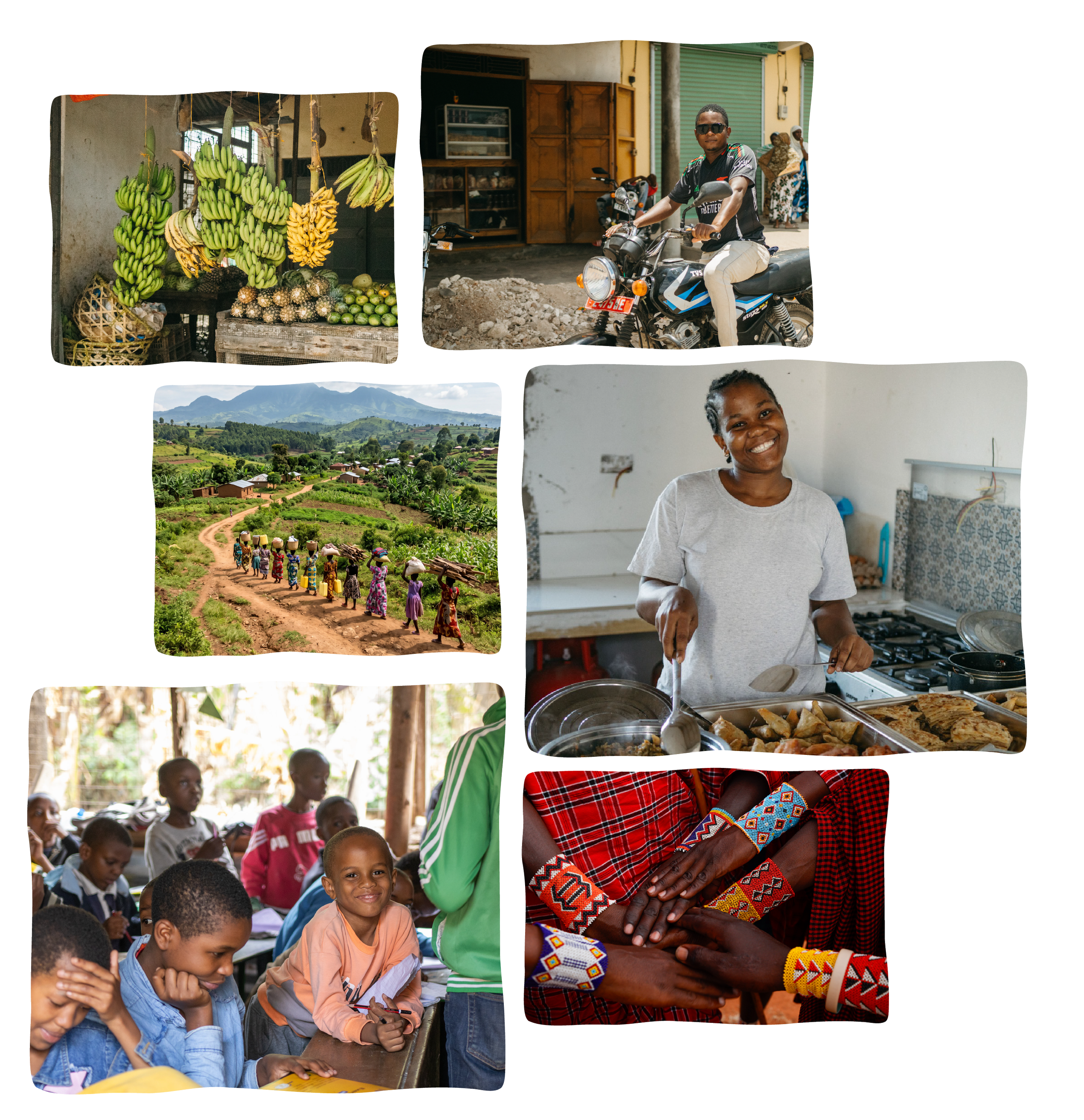 Multiple images showing scenes of a rural community: a vegetable and fruit stand with bananas and pineapples, children and adults gathered inside a building and outdoors, and a young woman smiling in a kitchen with traditional attire and jewelry.