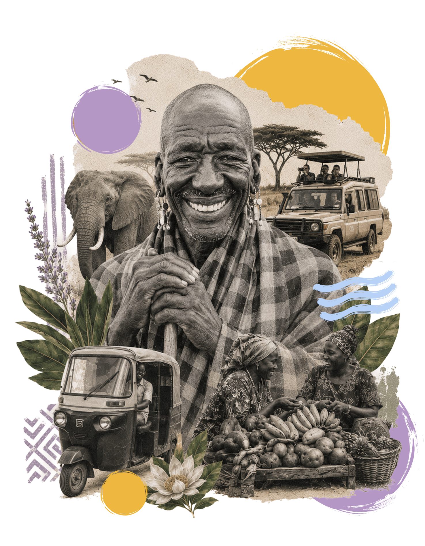 A collage depicting African village life with a smiling elderly man, elephants, people on a safari vehicle, women selling bananas, and lush greenery with decorative elements.