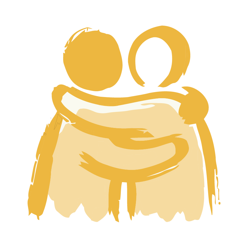 Simple illustration of two people hugging each other, depicted in beige, gold, and black colors.