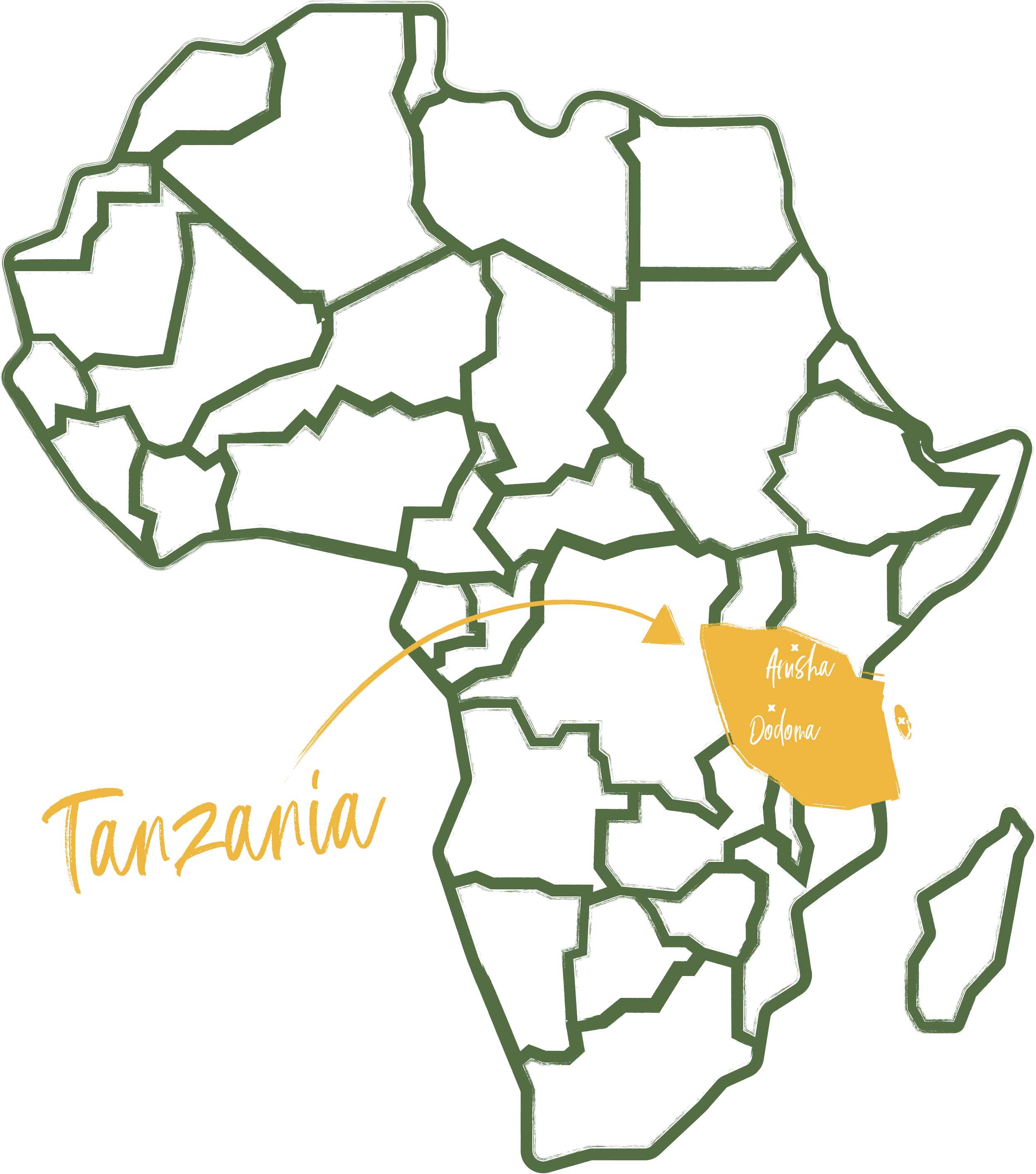 Outline map of Africa highlighting three countries in yellow: Tanzania, Dodoma, and Zanzibar. The map features handwritten labels for each of these countries.
