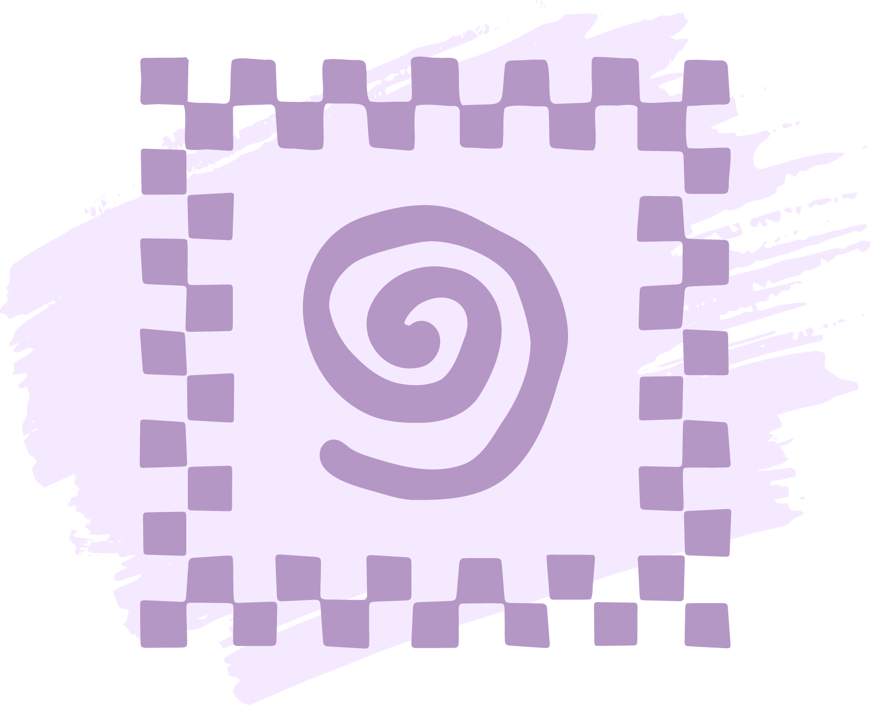 A purple and white digital illustration of a tiger with geometric patterns, including a spiral on its body and checkered borders.