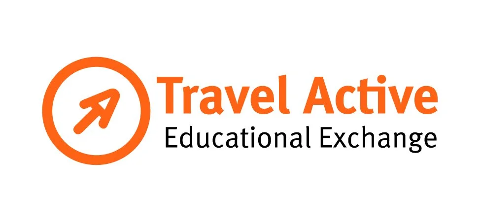 Travel Active logo featuring an orange circle with an arrow pointing upward and to the right, with the words "Travel Active" in bold orange text and "Educational Exchange" in black below.