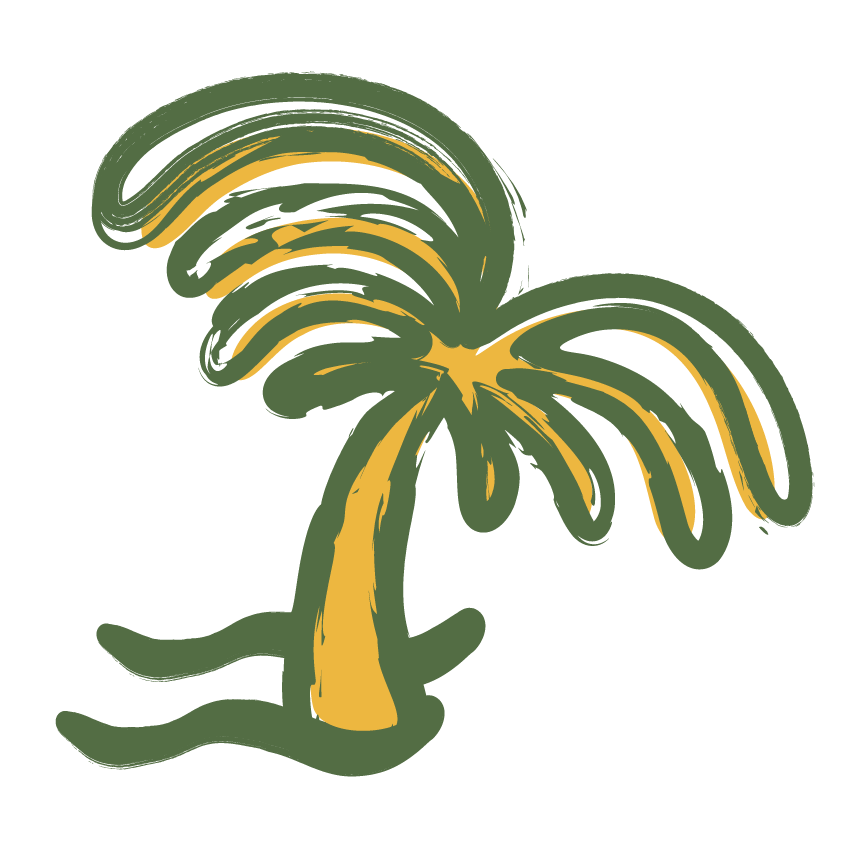 Illustration of a palm tree with green and yellow coloring on a black background.