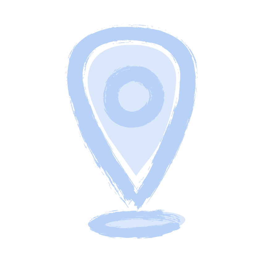 Hand-drawn map marker icon in blue with a circular center and a shadow underneath.