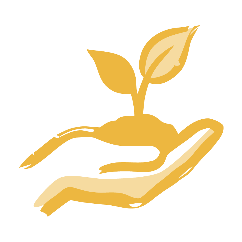 Graphic of a hand holding a small earth with a plant growing from it, symbolizing growth and sustainability.