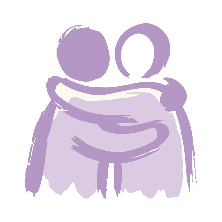 Simplified illustration of two people hugging, one with shoulder-length hair, in purple tones.