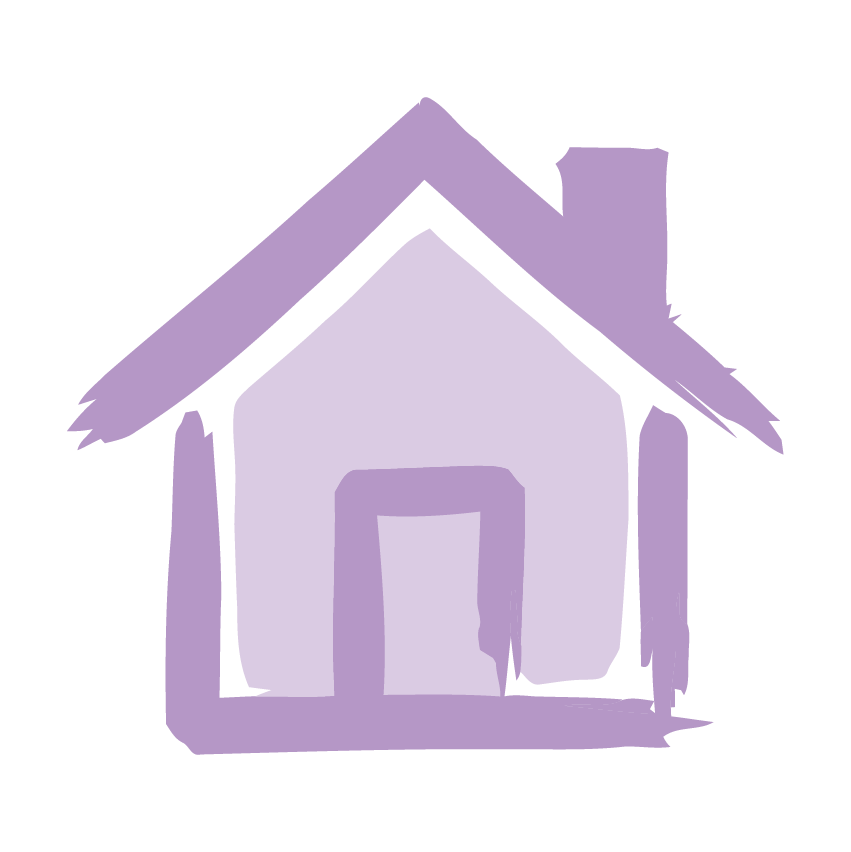A simple, stylized drawing of a house with a purple roof, walls, and chimney.