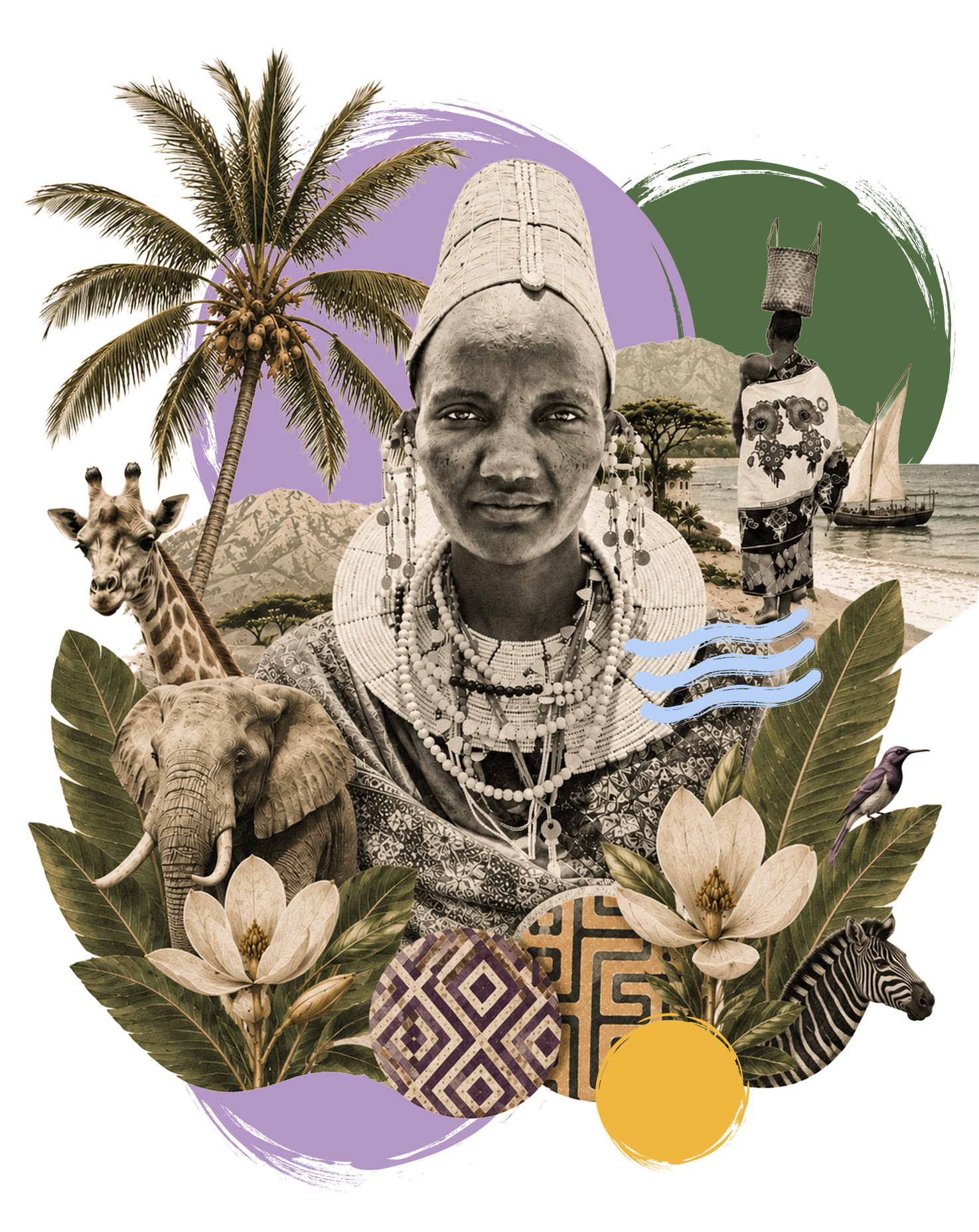 Collage of African cultural symbols including a woman in traditional attire, a giraffe, an elephant, a palm tree, flowers, a boat on water, mountains, and animal illustrations, with colorful abstract background elements.