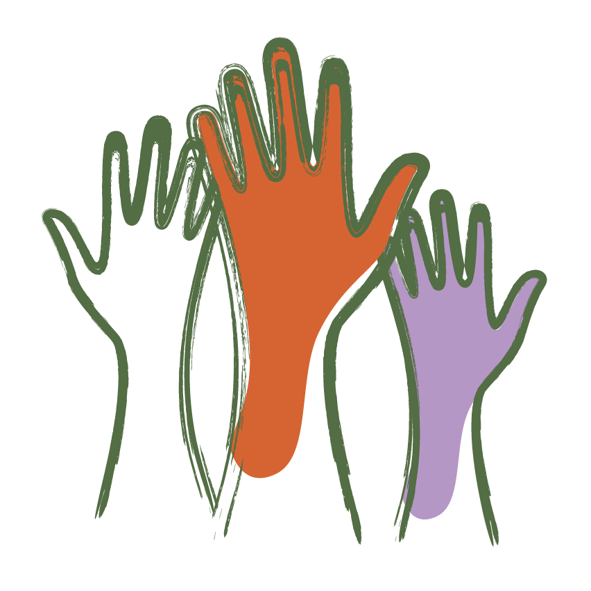Illustration of three raised hands in different sizes and colors: green, orange, and purple.