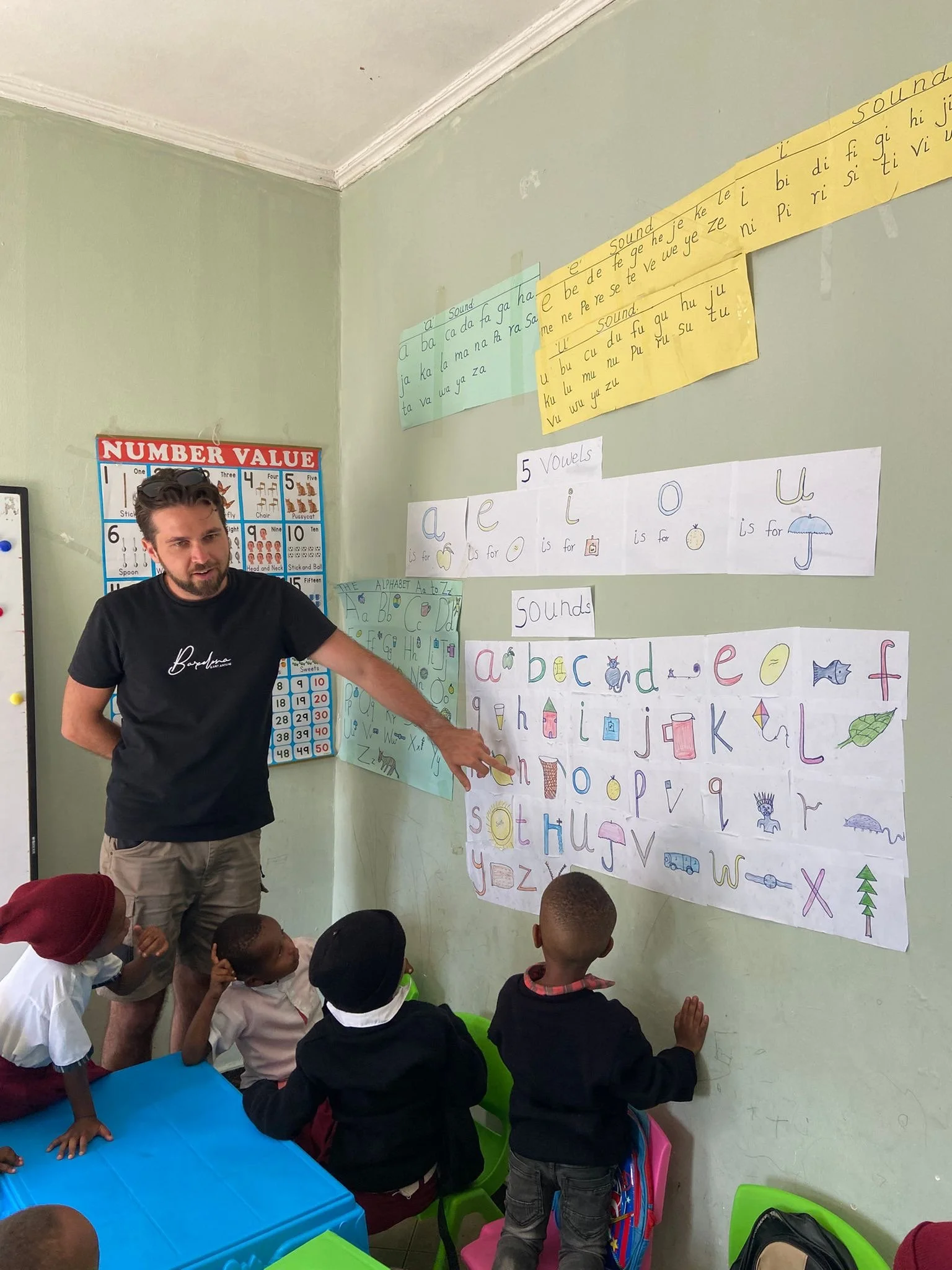 A classroom with young students sitting at tables, listening to a teacher pointing at alphabet charts on the wall, which include letters and corresponding pictures of objects or animals.