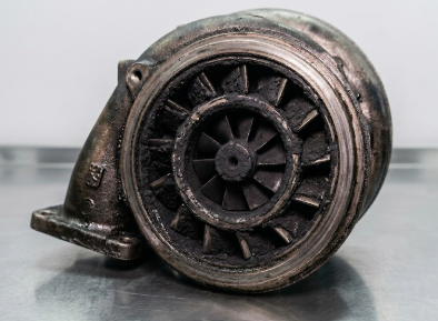 Close-up of an old, weathered metal turbine or mechanical part with visible internal blades.