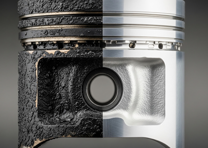 Close-up of a piston, showing the top part with a comparison between a burnt, blackened side and a clean, new silver side.