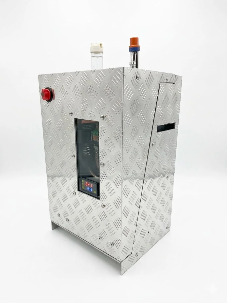 A metallic industrial sterilizer or autoclave with a digital temperature display and safety features.