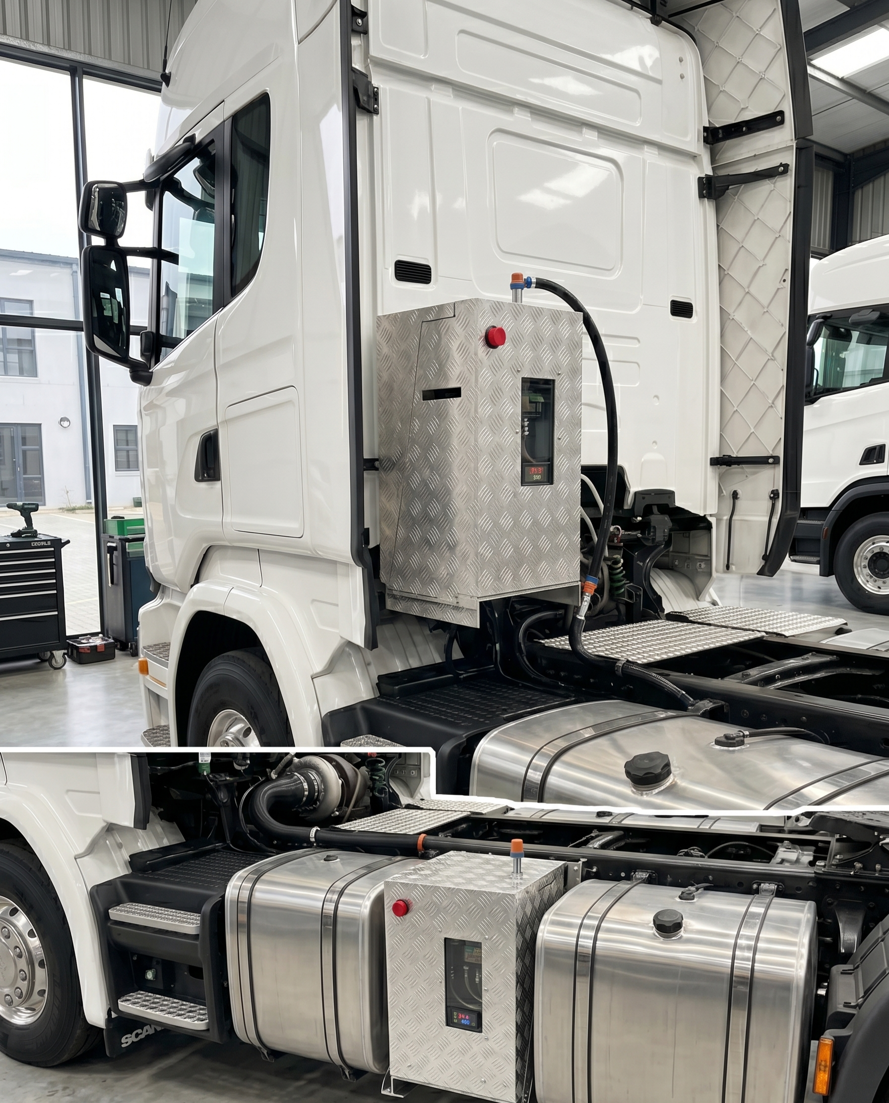 A white semi-truck with visible side mirrors and front windshield, parked inside a facility. The truck has a metal box with a hose attached on its side, and various mechanical parts are visible near the front.