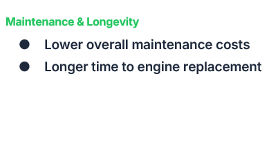 Presentation slide with green header 'Maintenance & Longevity' listing benefits: lower maintenance costs and longer engine replacement time.