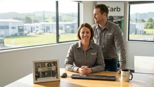 Two employees in grey shirts with the IC Carb logo working at a desk in an office, smiling, with a picture frame, computer keyboard, mouse, and coffee mug on the desk, large windows showing a modern campus outside.