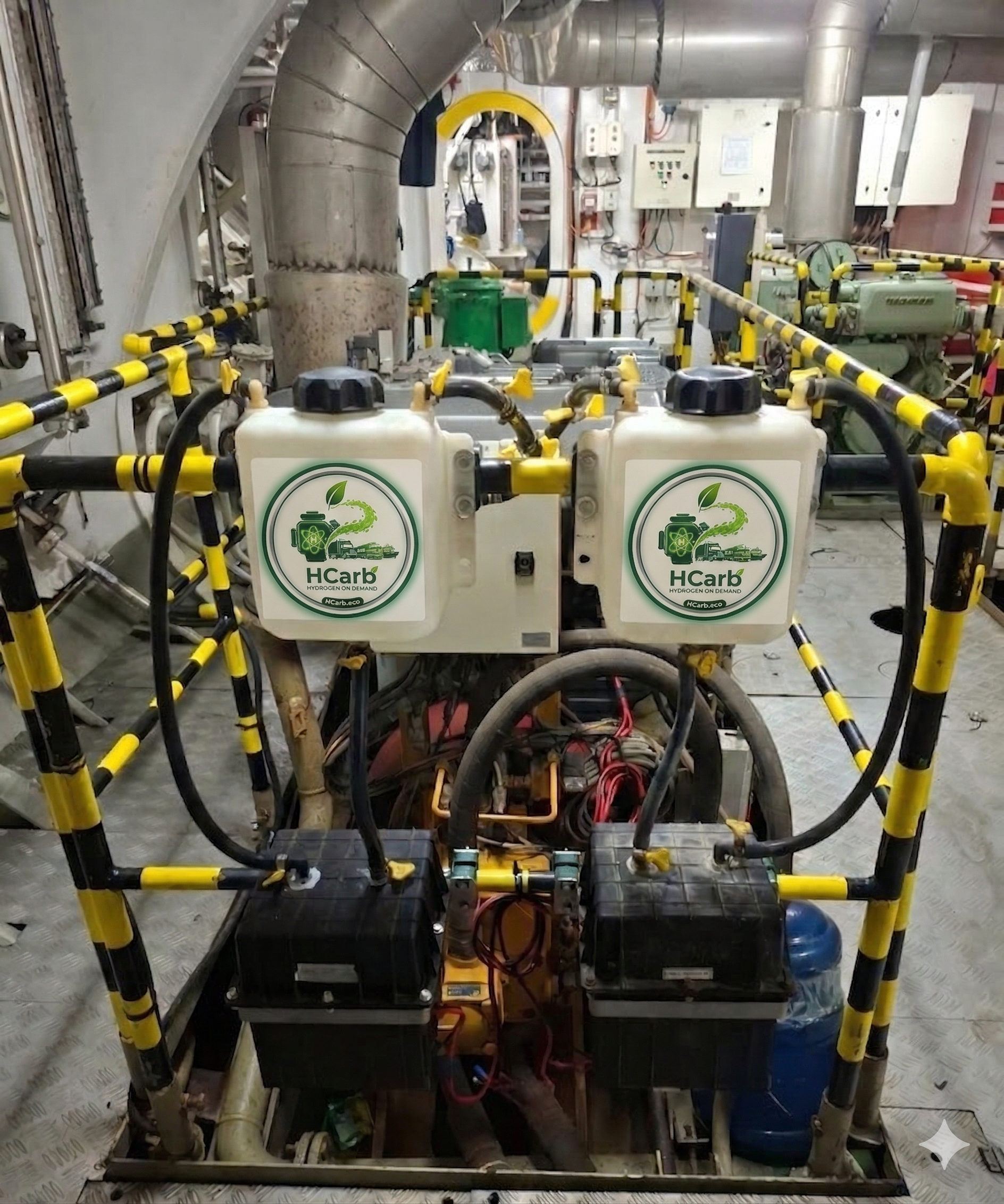 Industrial setup with pipes, wires, and control panels, featuring two white boxes labeled 'HCarb' with a logo of a leaf and a hydrogen tank, indicating a hydrogen on demand system in a mechanical or engineering facility.