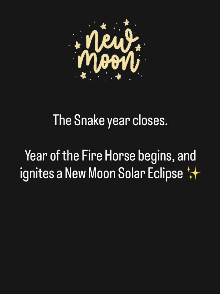 🌑 New Moon Solar Eclipse meets the opening of Year of the Fire Horse 🔥

This week is full of potential.
Get clear.
Get intentional.
Plant seeds that light up your soul 🌟

A couple of spots left for Yin and Sound Immersion Friday 20th Feb to suppor