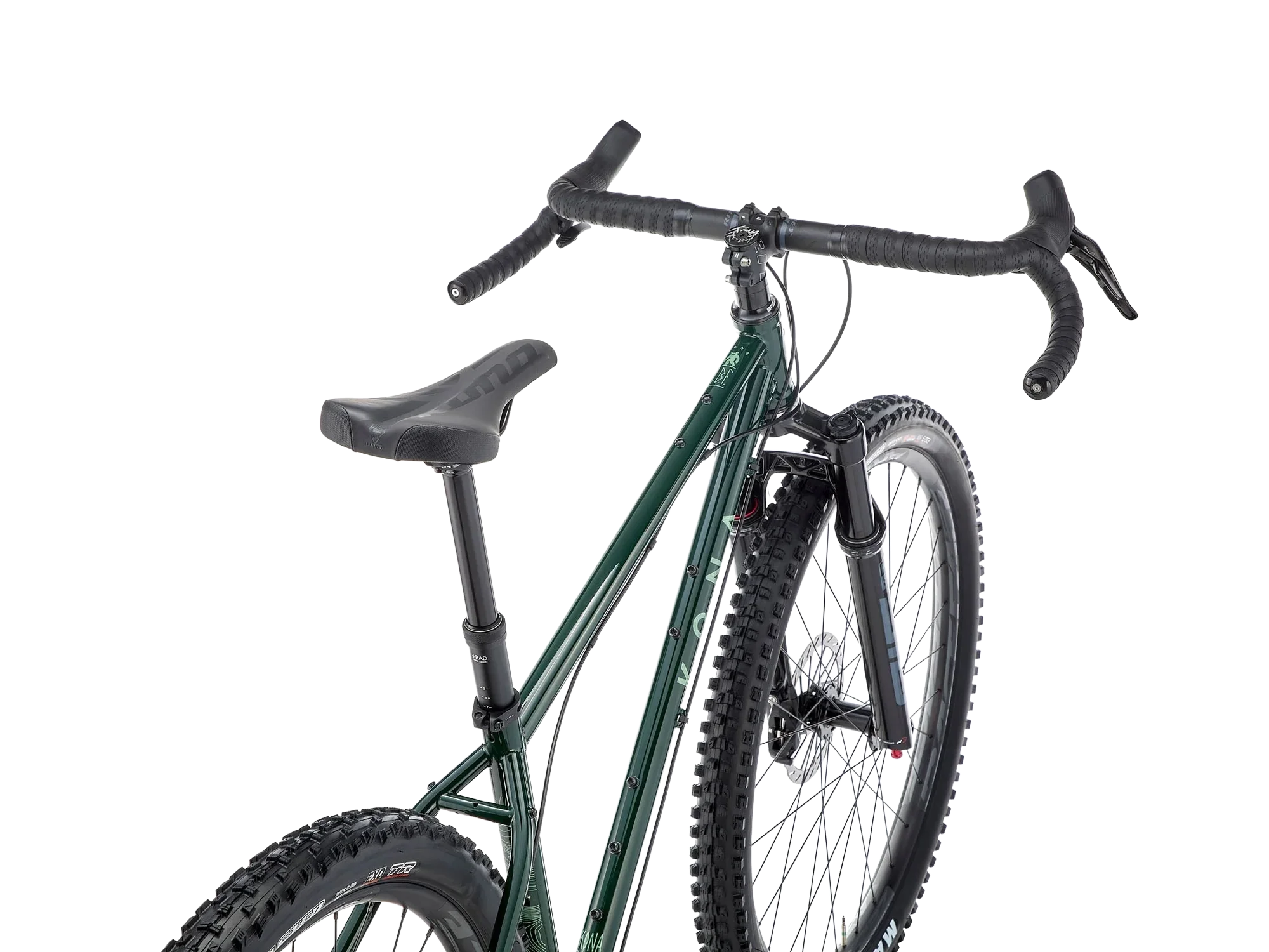 Close-up of a green mountain bike with front and rear tires, black handlebars, and a black saddle, against a white background.