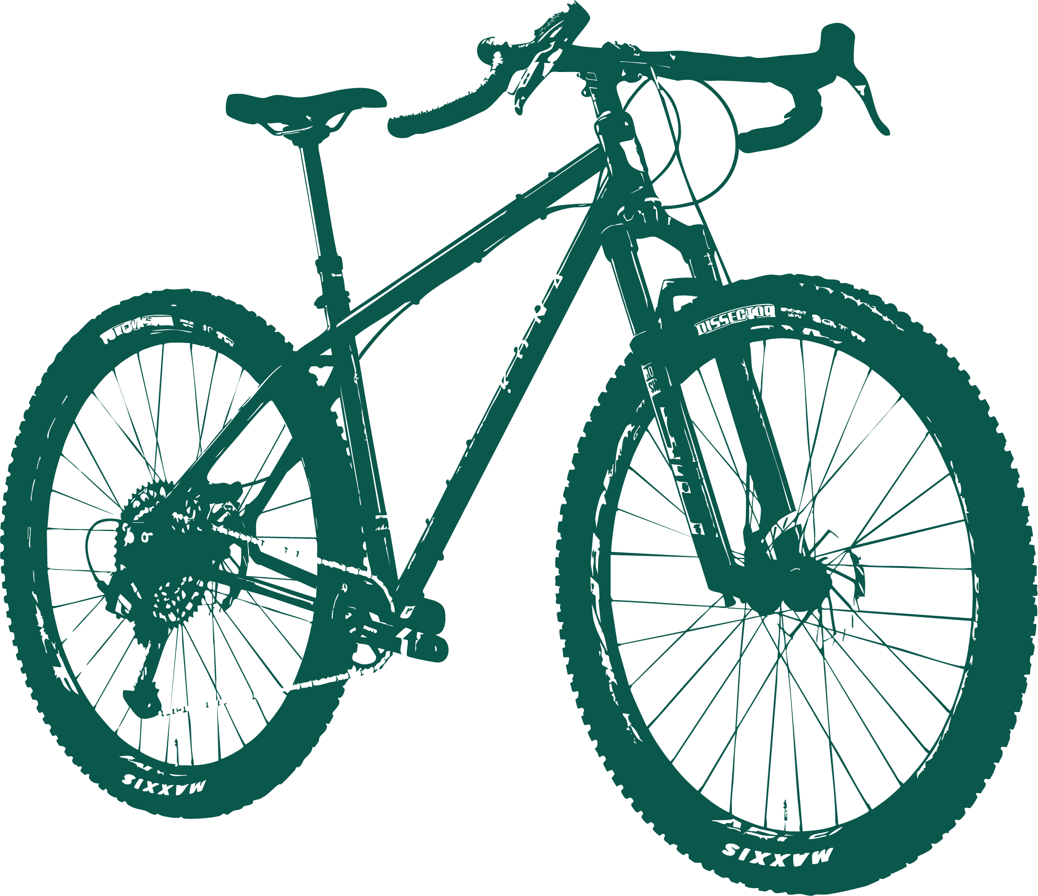 Silhouette of a mountain bike with thick tires, flat handlebars, and a front suspension fork, set against a transparent background.