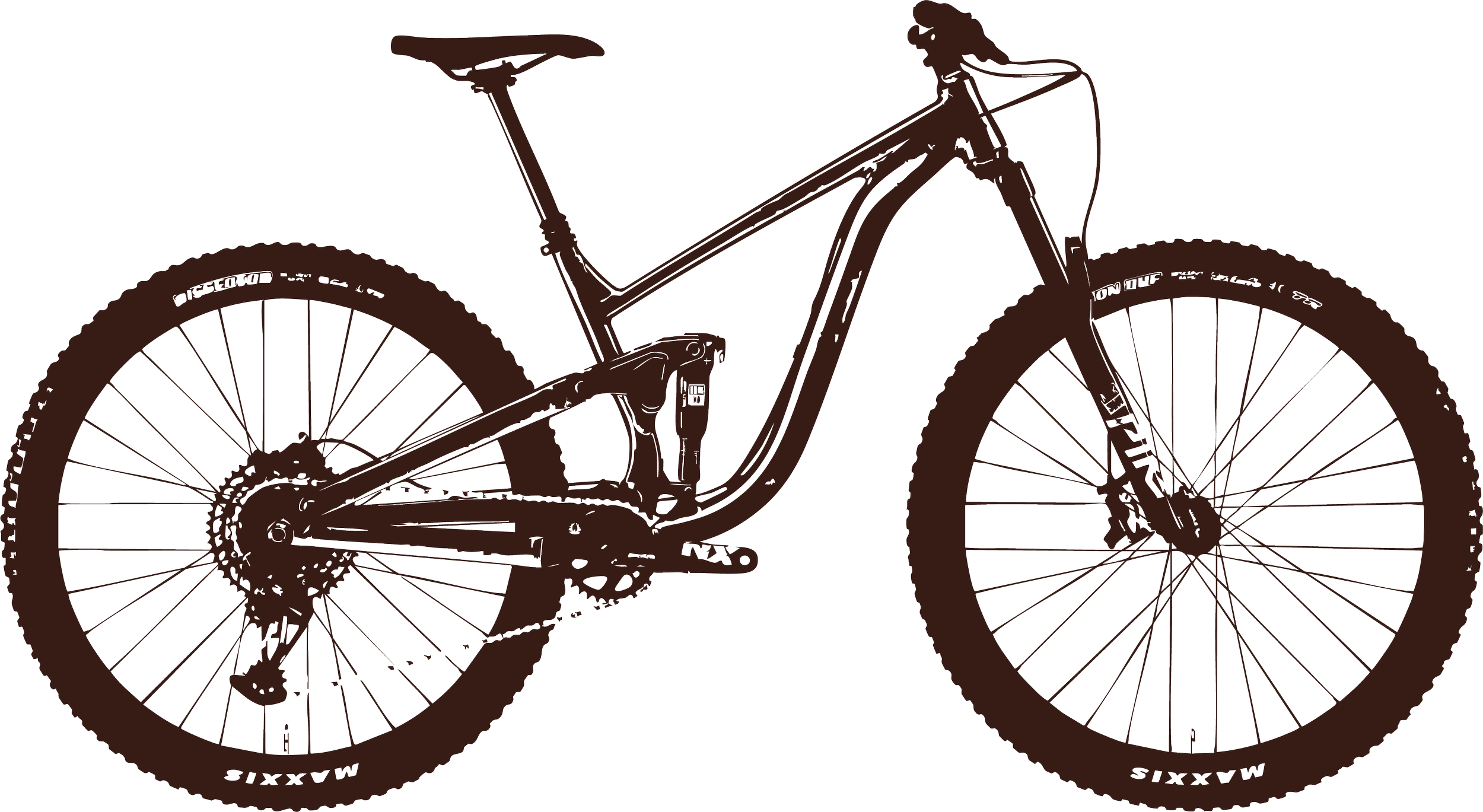 Outline of a mountain bike with thick tires, a sturdy frame, and a suspension fork, shown in a side view.