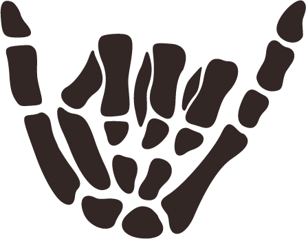 A black and white drawing of a skeleton hand making the 'shaka' sign.