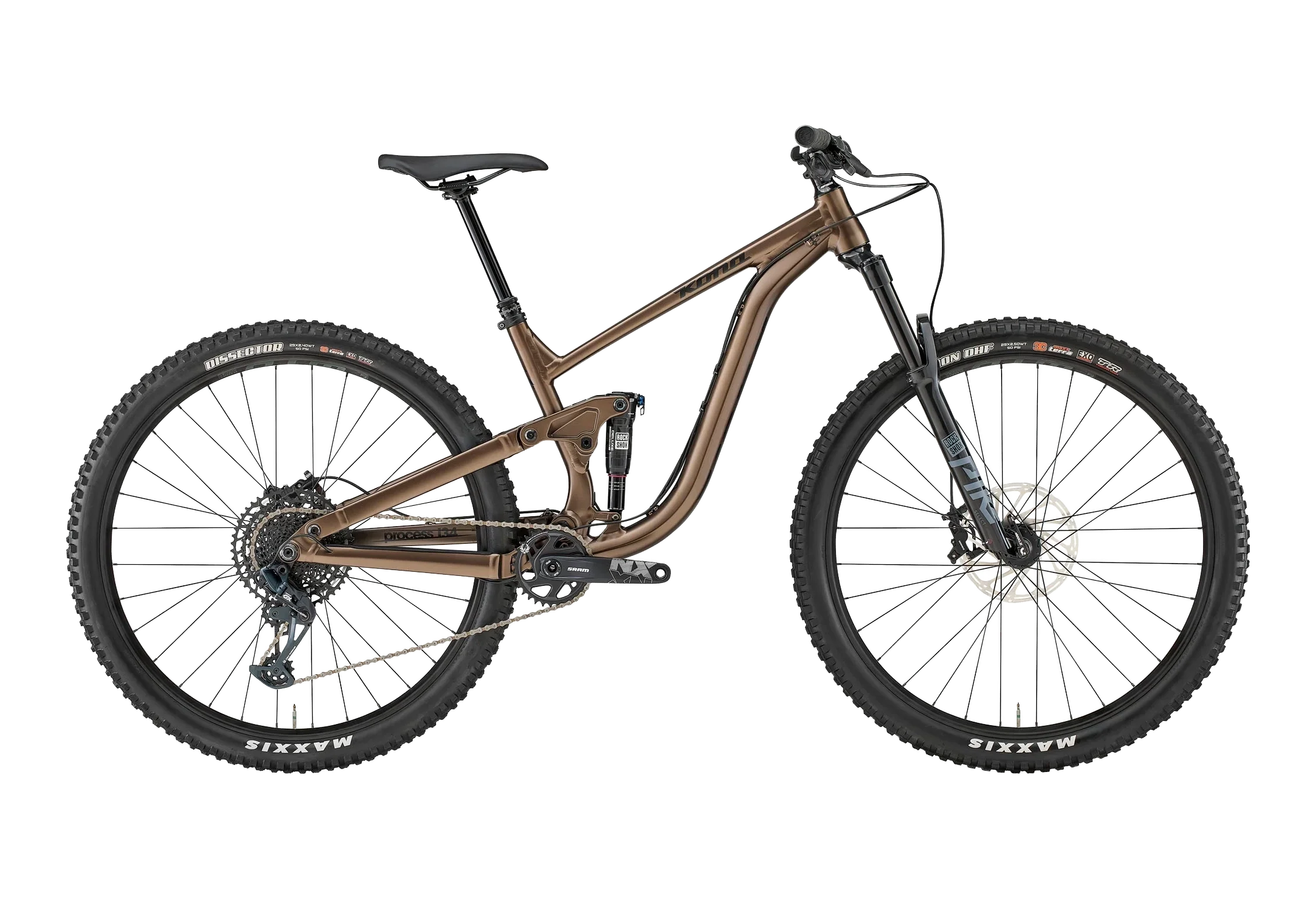A full view of a modern mountain bike with a brown frame, black suspension, and large tires with Maxxis branding.