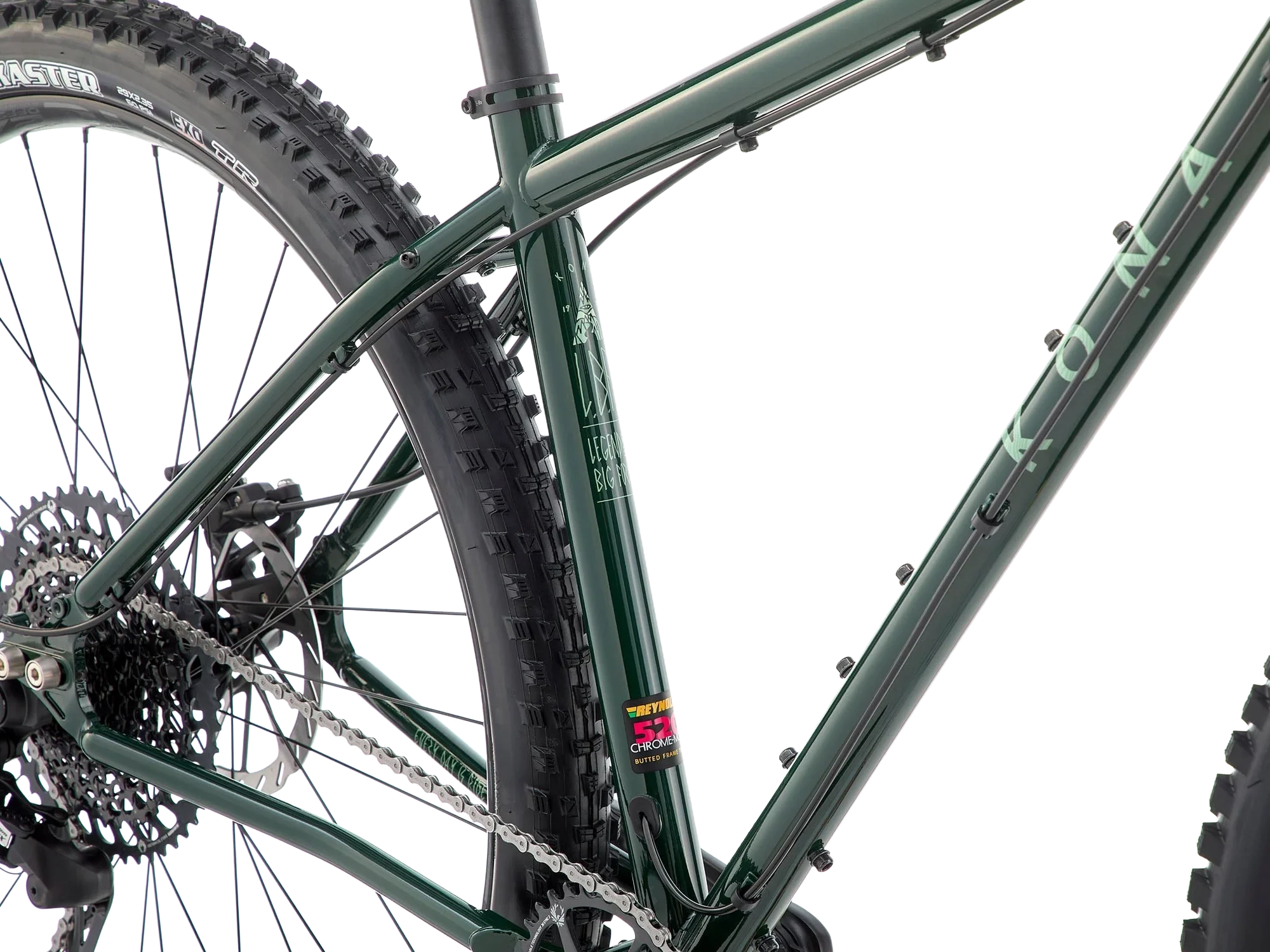 Close-up of a dark green mountain bike frame, focusing on the rear wheel, gear cassette, and part of the chain, with a white background.